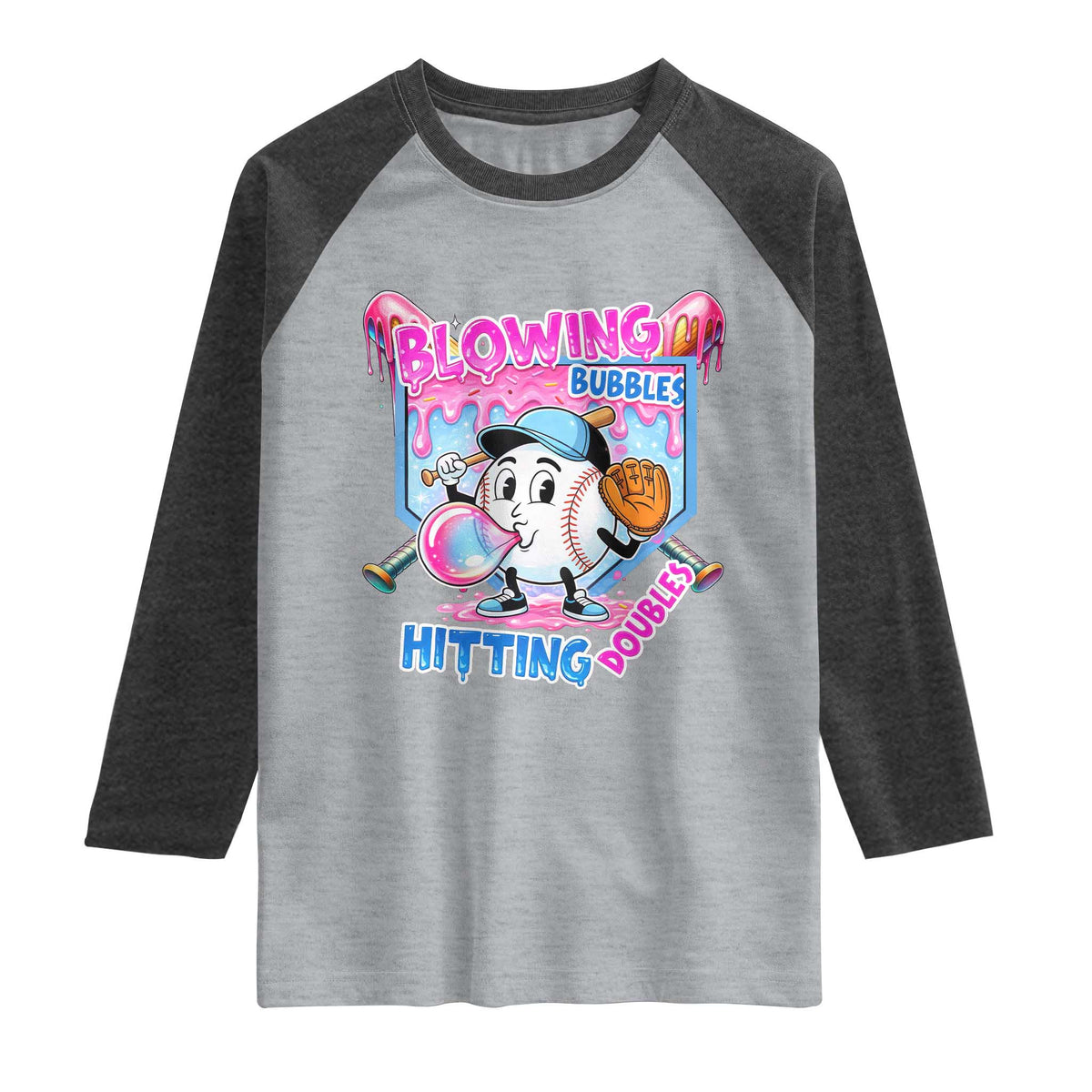 Baseball Blowing Bubbles Hitting Doubles Raglan Shirt Sports Bubble Gum Lover TS11 Heather Gray Heather Charcoal Print Your Wear
