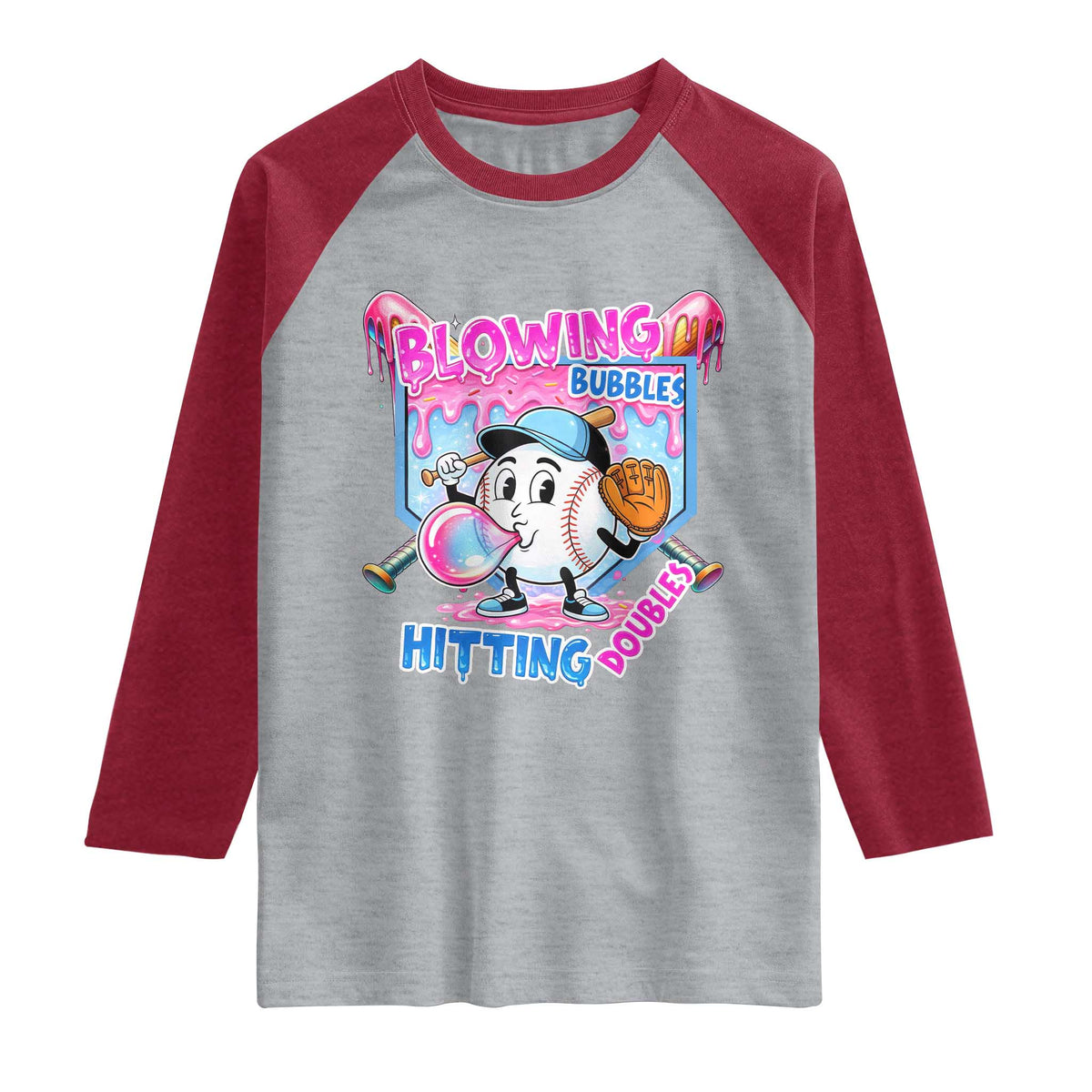 Baseball Blowing Bubbles Hitting Doubles Raglan Shirt Sports Bubble Gum Lover TS11 Heather Gray Heather Red Print Your Wear