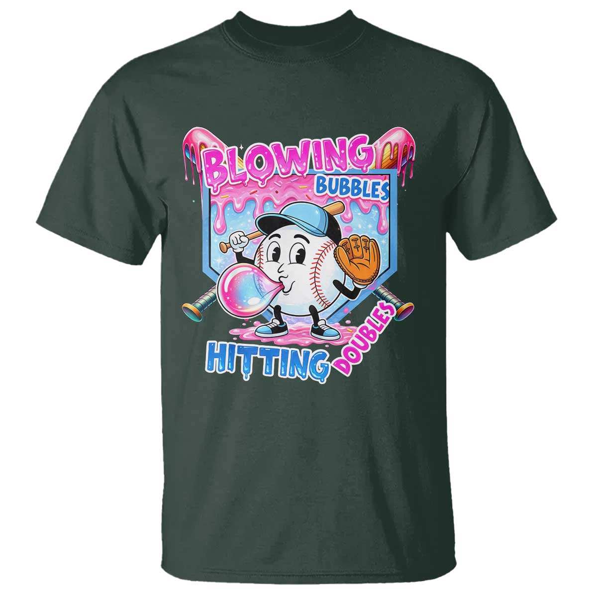 Baseball Blowing Bubbles Hitting Doubles T Shirt Sports Bubble Gum Lover TS11 Dark Forest Green Print Your Wear