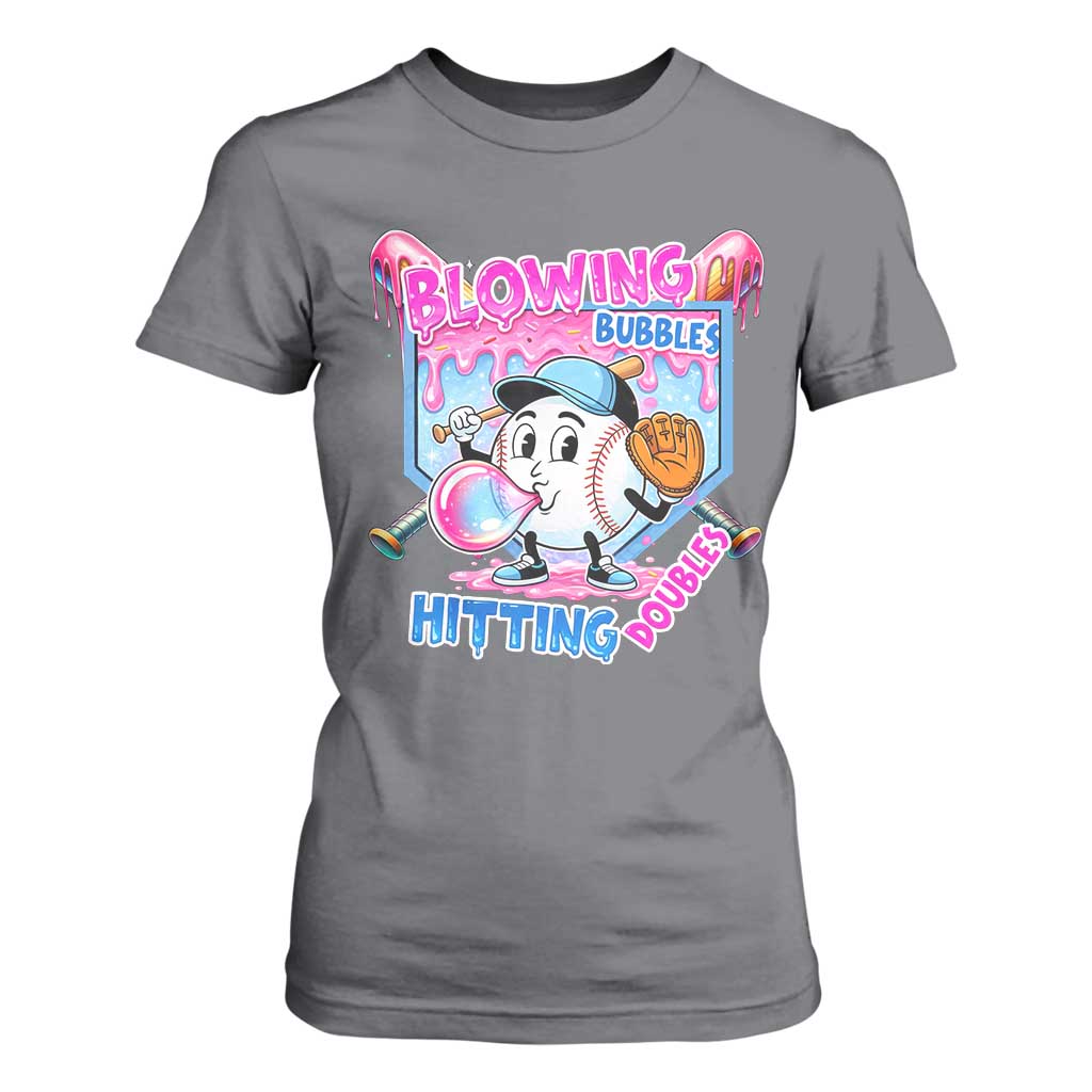 Baseball Blowing Bubbles Hitting Doubles T Shirt For Women Sports Bubble Gum Lover TS11 Charcoal Print Your Wear
