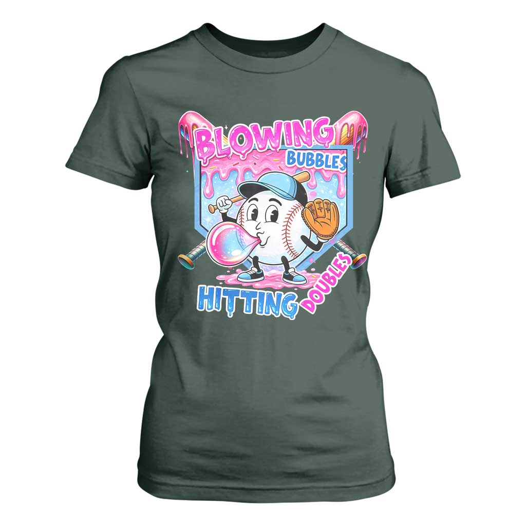 Baseball Blowing Bubbles Hitting Doubles T Shirt For Women Sports Bubble Gum Lover TS11 Dark Forest Green Print Your Wear