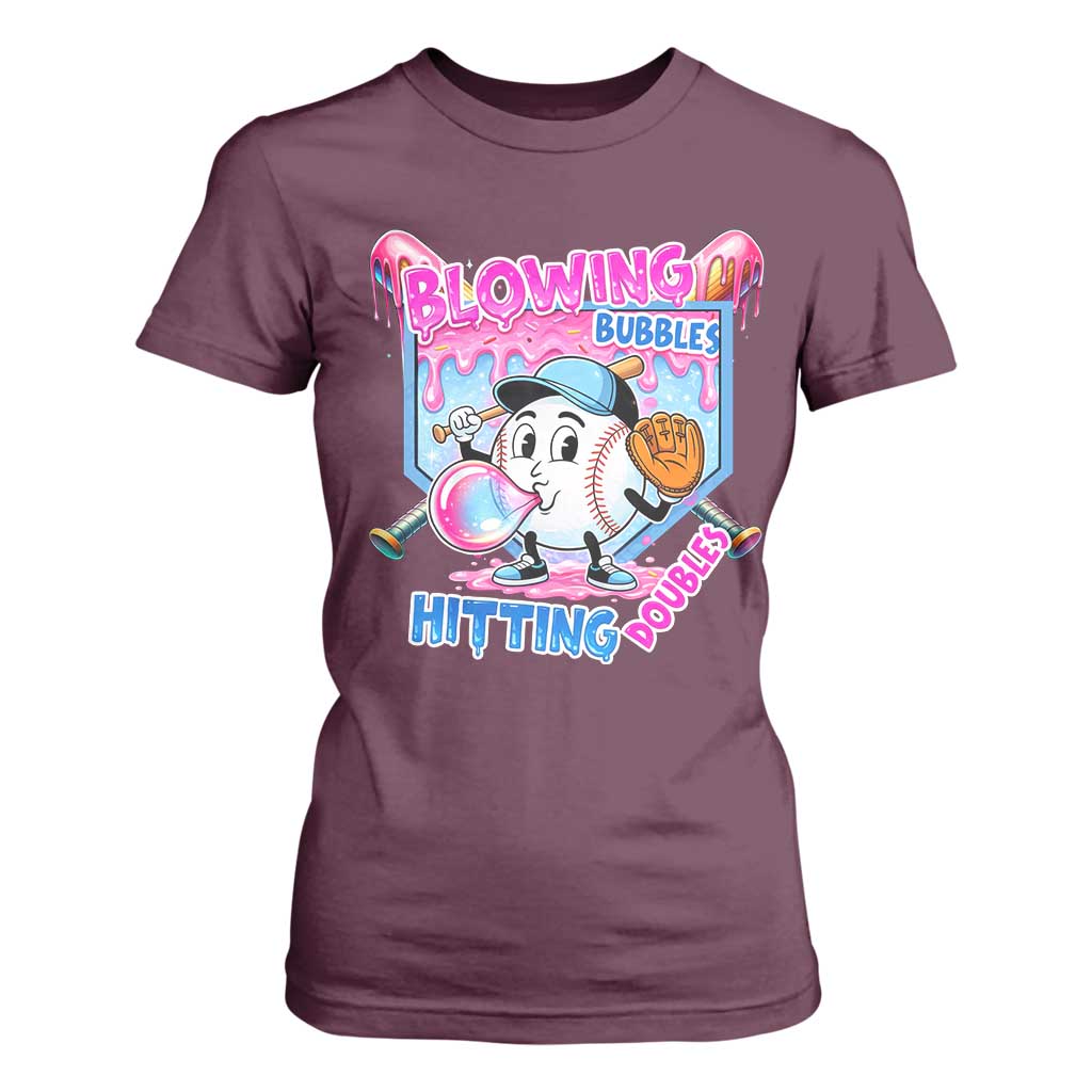 Baseball Blowing Bubbles Hitting Doubles T Shirt For Women Sports Bubble Gum Lover TS11 Maroon Print Your Wear
