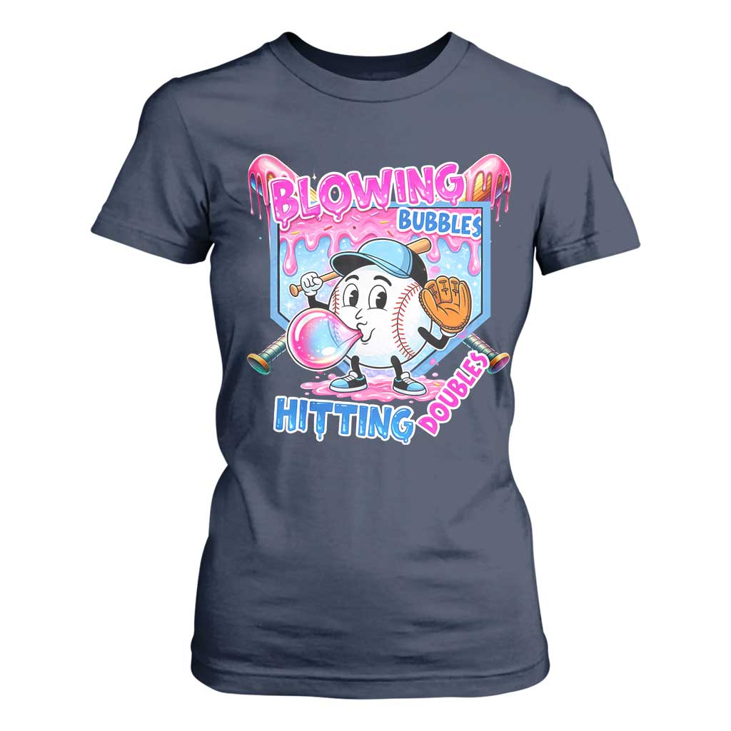 Baseball Blowing Bubbles Hitting Doubles T Shirt For Women Sports Bubble Gum Lover TS11 Navy Print Your Wear
