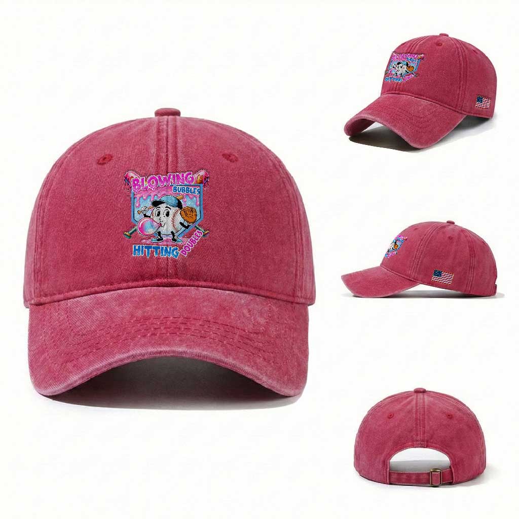 Baseball Blowing Bubbles Hitting Doubles Washed Cotton Baseball Cap Sports Bubble Gum Lover TS11 Washed Cap Universal Fit Red Print Your Wear