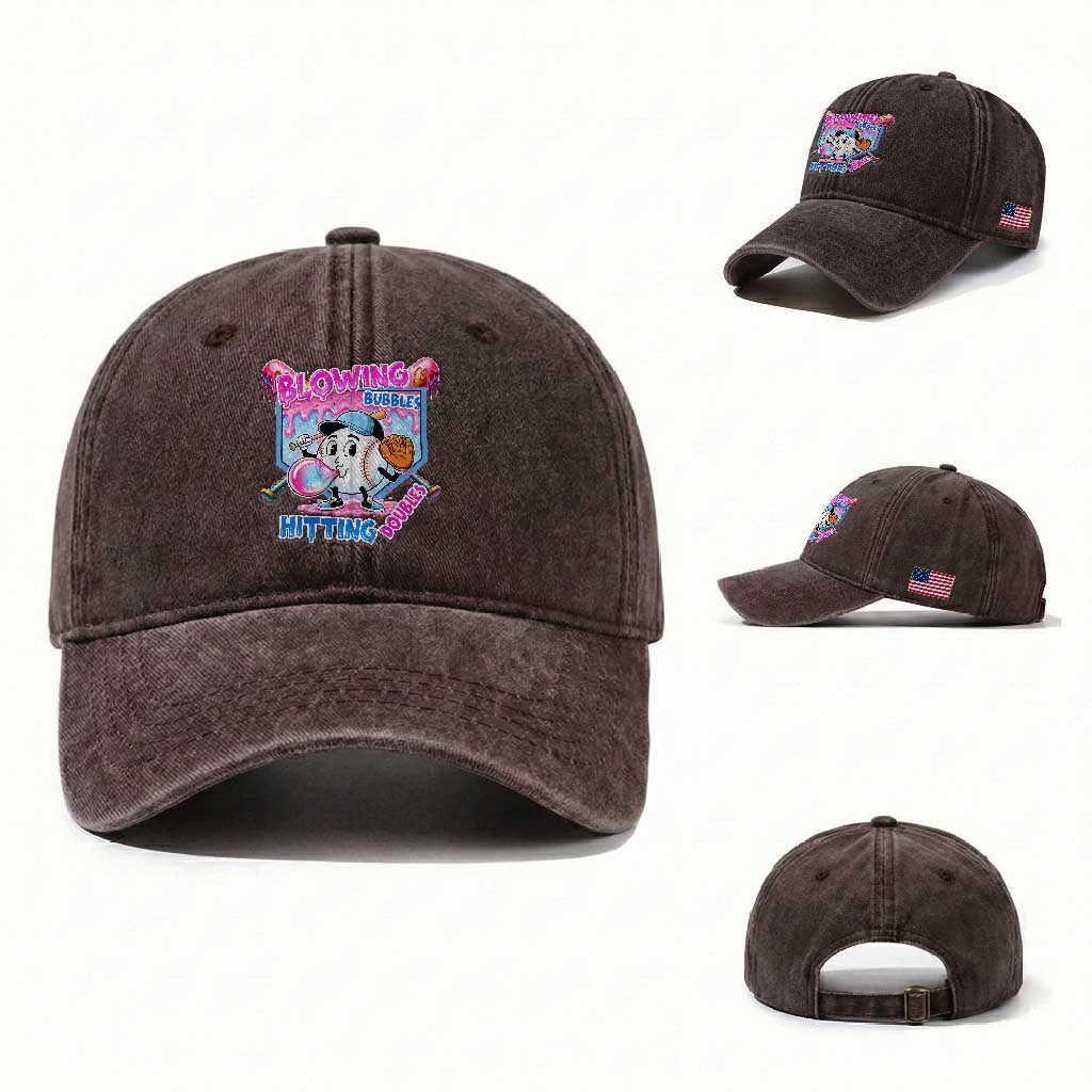 Baseball Blowing Bubbles Hitting Doubles Washed Cotton Baseball Cap Sports Bubble Gum Lover TS11 Washed Cap Universal Fit Dark Brown Print Your Wear