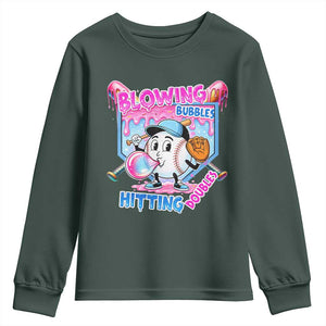 Baseball Blowing Bubbles Hitting Doubles Youth Sweatshirt Sports Bubble Gum Lover TS11 Dark Forest Green Print Your Wear