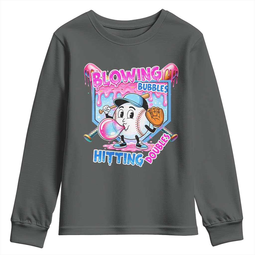 Baseball Blowing Bubbles Hitting Doubles Youth Sweatshirt Sports Bubble Gum Lover TS11 Dark Heather Print Your Wear