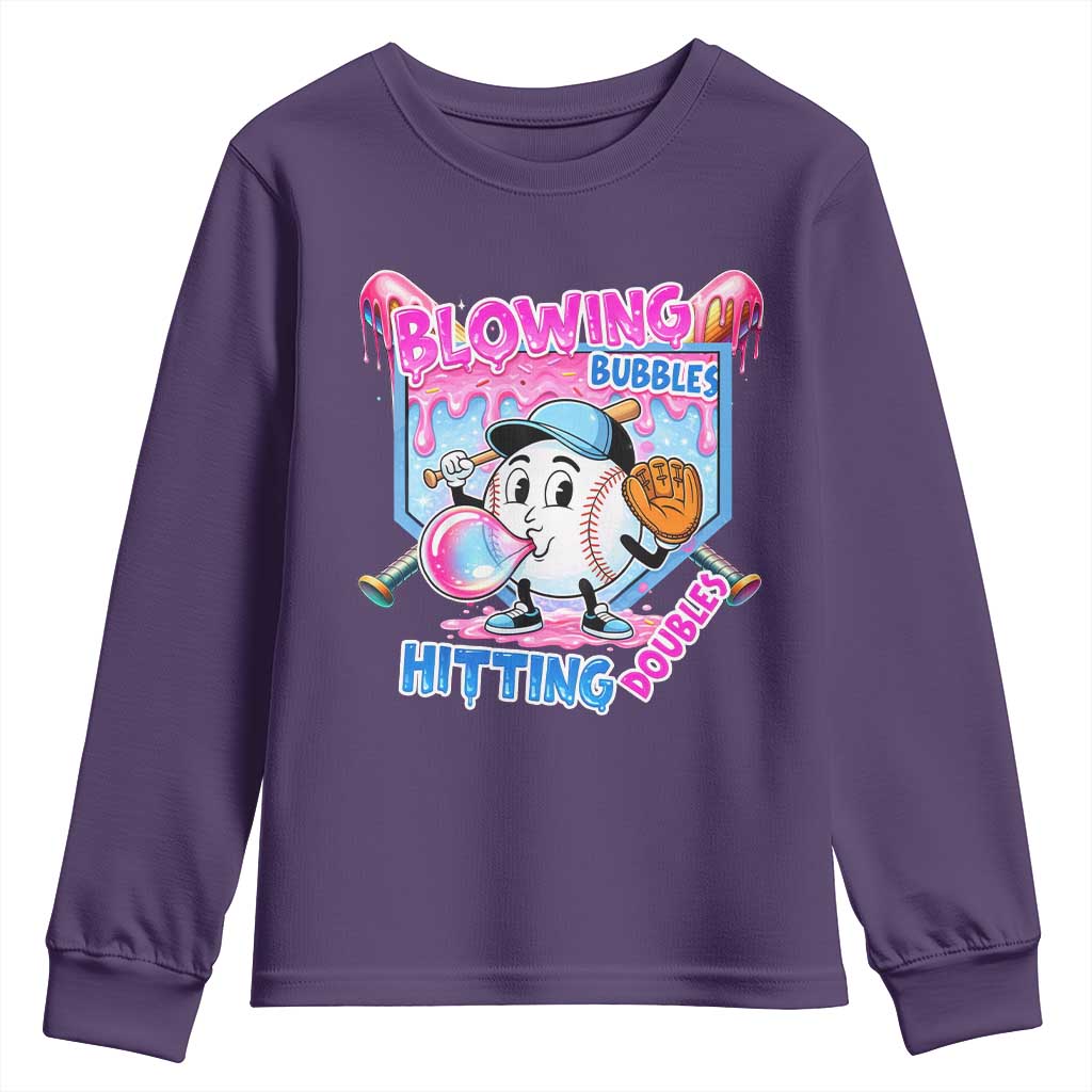 Baseball Blowing Bubbles Hitting Doubles Youth Sweatshirt Sports Bubble Gum Lover TS11 Purple Print Your Wear
