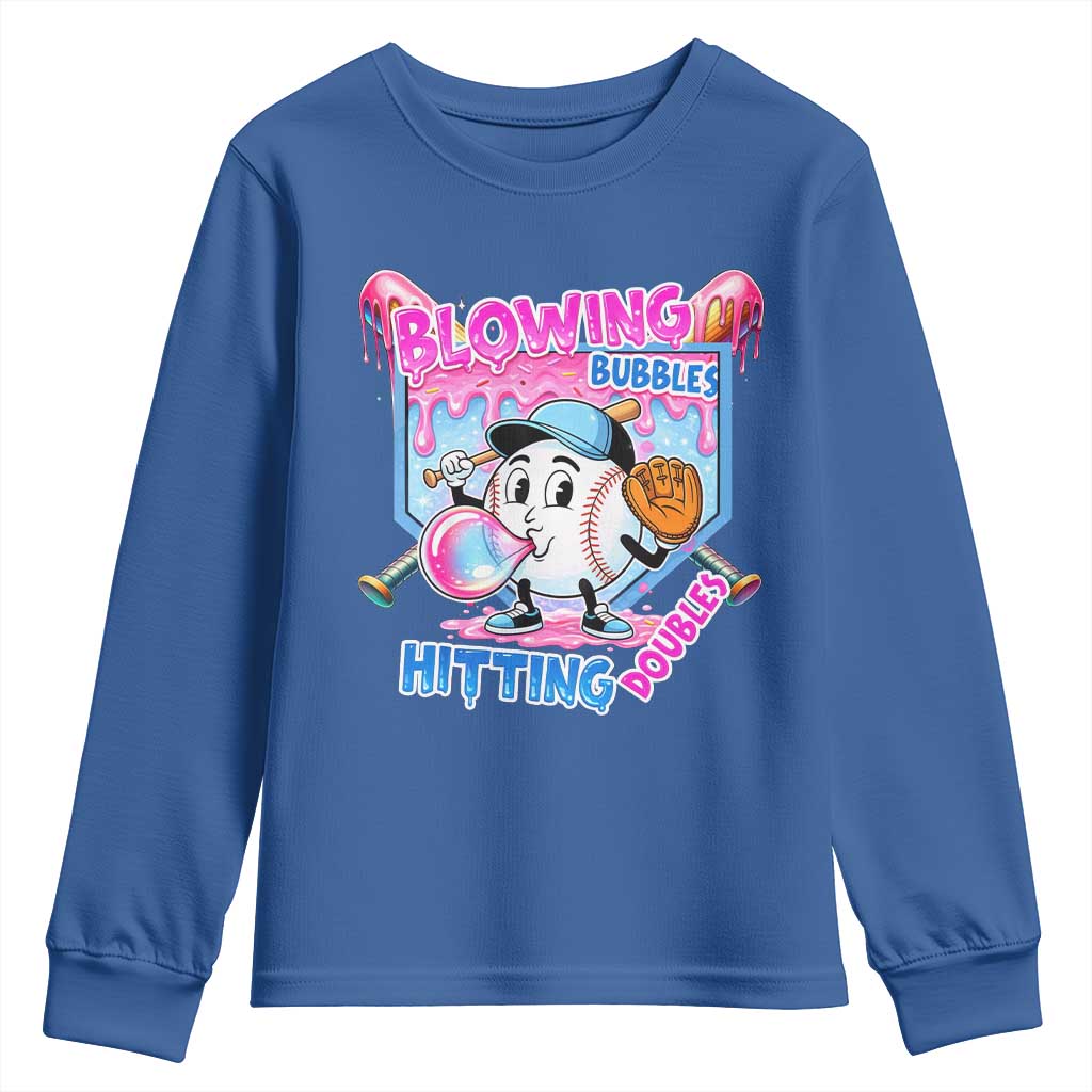 Baseball Blowing Bubbles Hitting Doubles Youth Sweatshirt Sports Bubble Gum Lover TS11 Royal Blue Print Your Wear