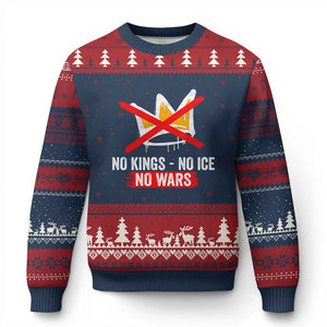 No Kings Protest Ugly Christmas Sweater No Kings No Ice No Wars Anti Monarchy Statement TS11 Navy Red Print Your Wear