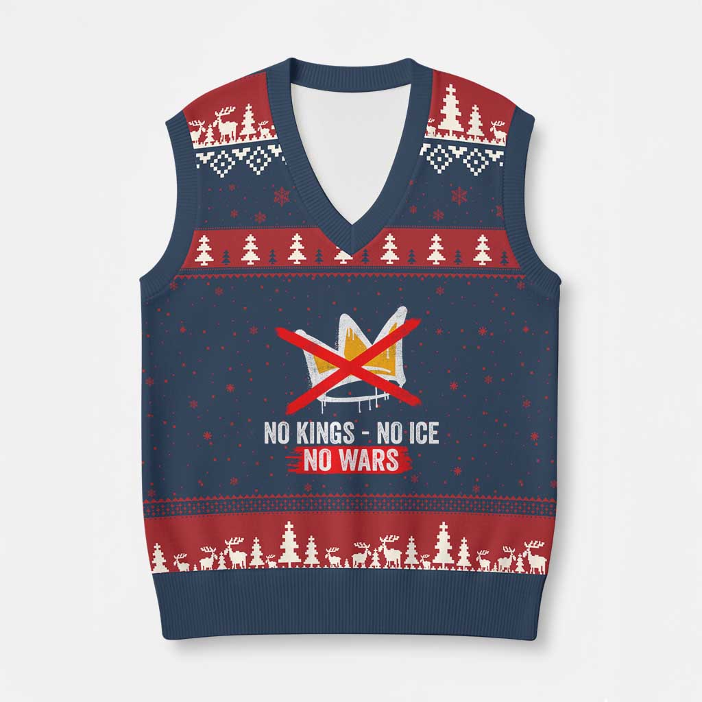 No Kings Protest V-Neck Knit Sweater Vest No Kings No Ice No Wars Anti Monarchy Statement TS11 Navy Red Print Your Wear