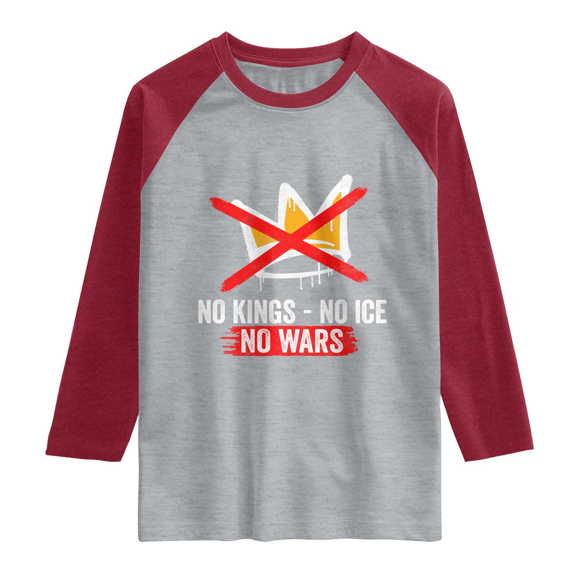 No Kings Protest Raglan Shirt No Kings No Ice No Wars Anti Monarchy Statement TS11 Heather Gray Heather Red Print Your Wear