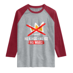 No Kings Protest Raglan Shirt No Kings No Ice No Wars Anti Monarchy Statement TS11 Heather Gray Heather Red Print Your Wear