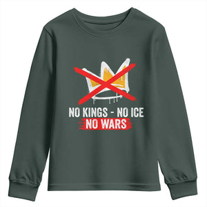 No Kings Protest Youth Sweatshirt No Kings No Ice No Wars Anti Monarchy Statement TS11 Dark Forest Green Print Your Wear