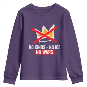 No Kings Protest Youth Sweatshirt No Kings No Ice No Wars Anti Monarchy Statement TS11 Purple Print Your Wear