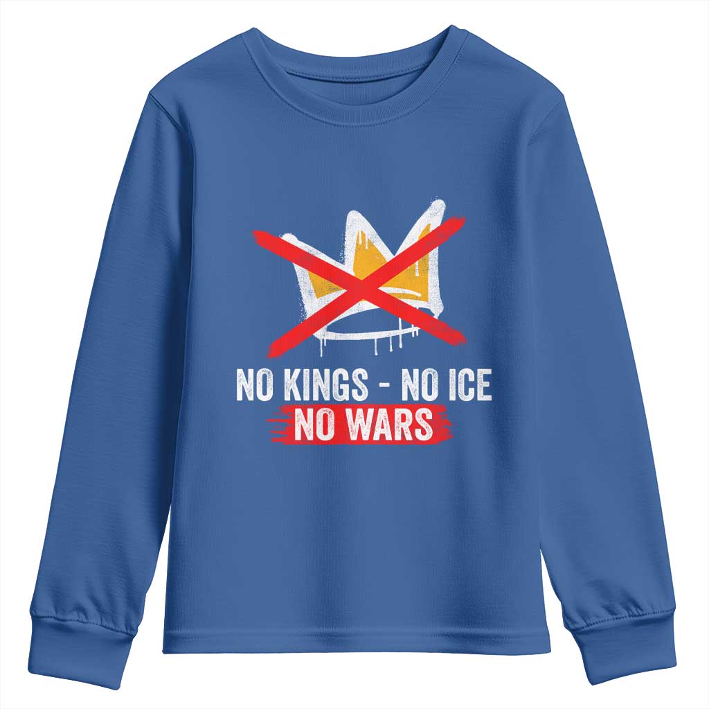 No Kings Protest Youth Sweatshirt No Kings No Ice No Wars Anti Monarchy Statement TS11 Royal Blue Print Your Wear