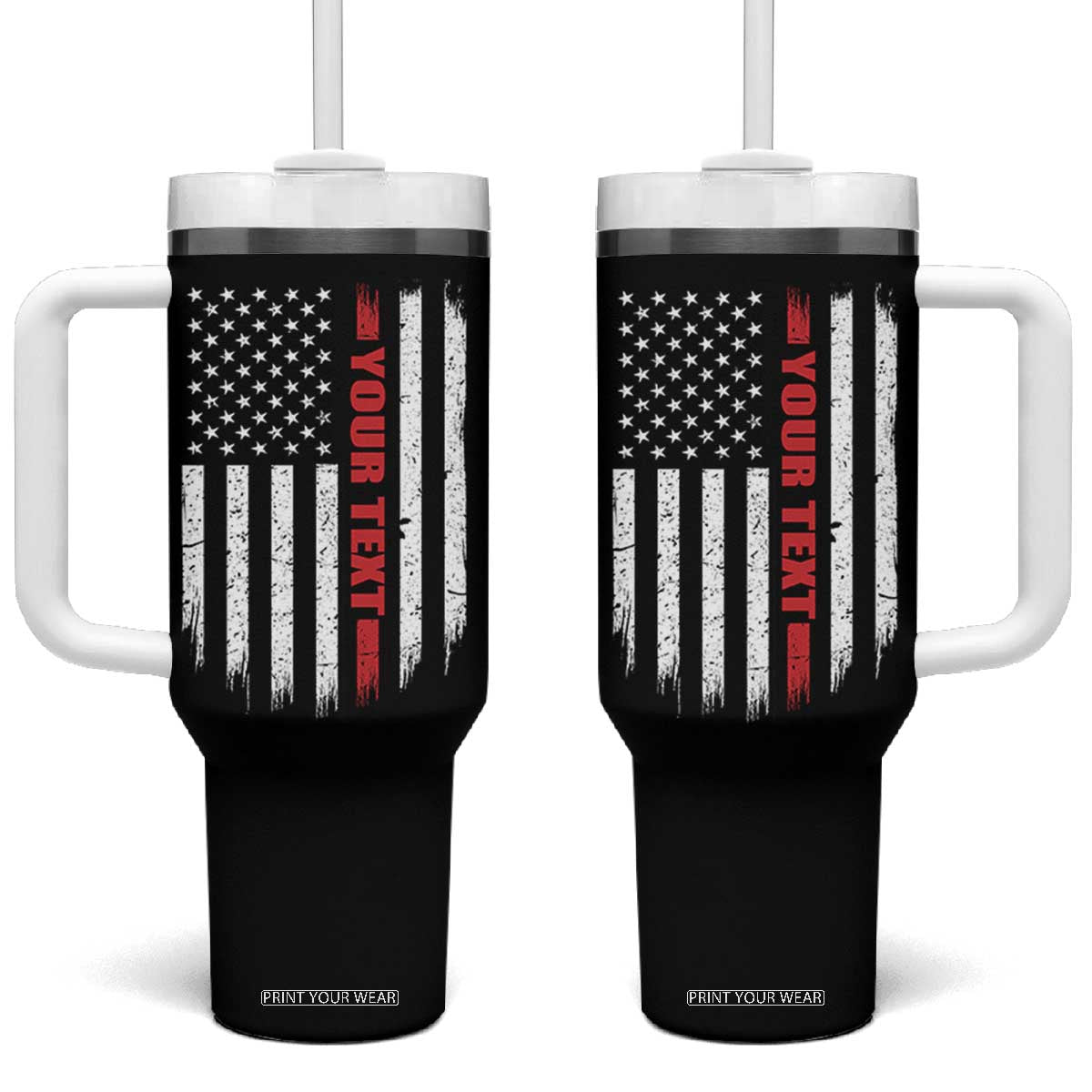 Personalized Firefighter Tumbler With Handle Custom Text Name Vintage American Flag Patriot Fireman Gift
