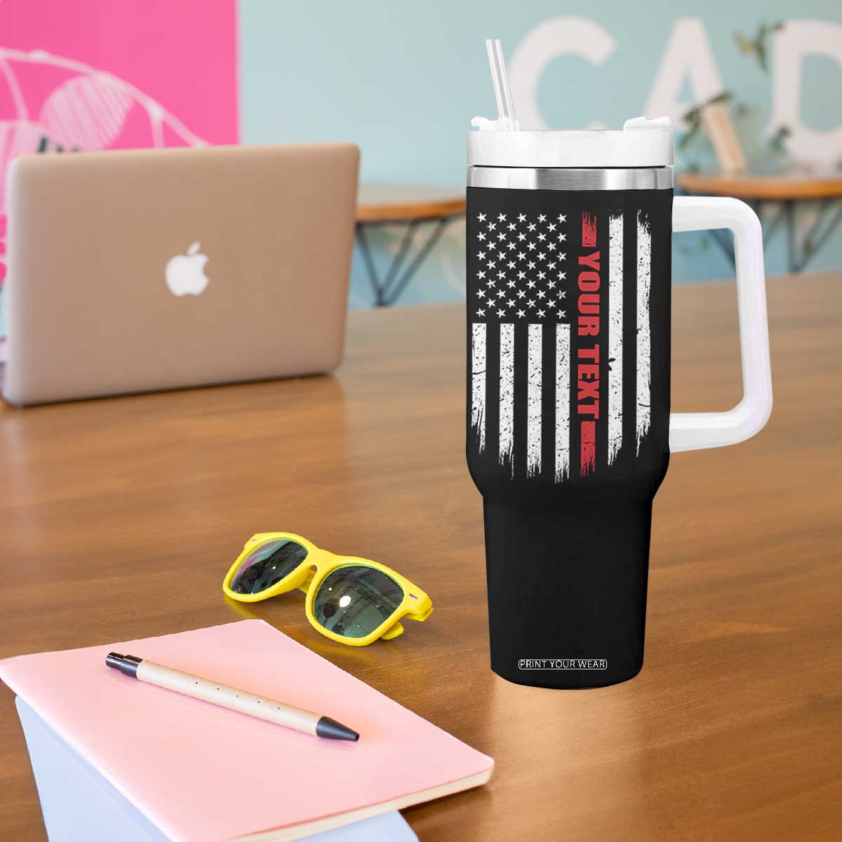 Personalized Firefighter Tumbler With Handle Custom Text Name Vintage American Flag Patriot Fireman Gift