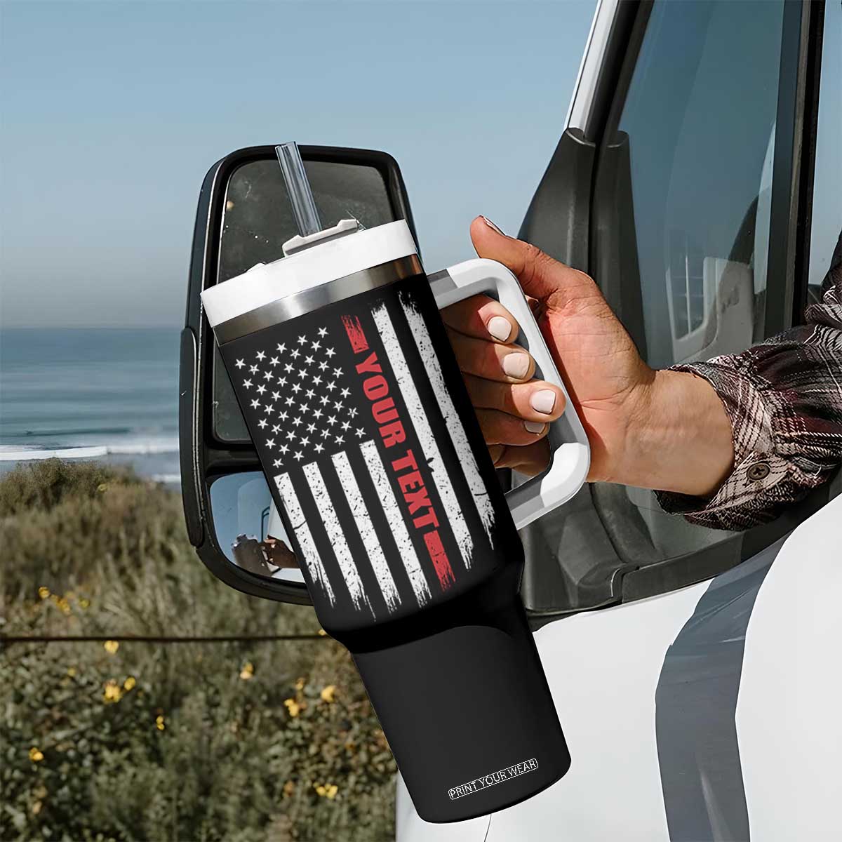 Personalized Firefighter Tumbler With Handle Custom Text Name Vintage American Flag Patriot Fireman Gift