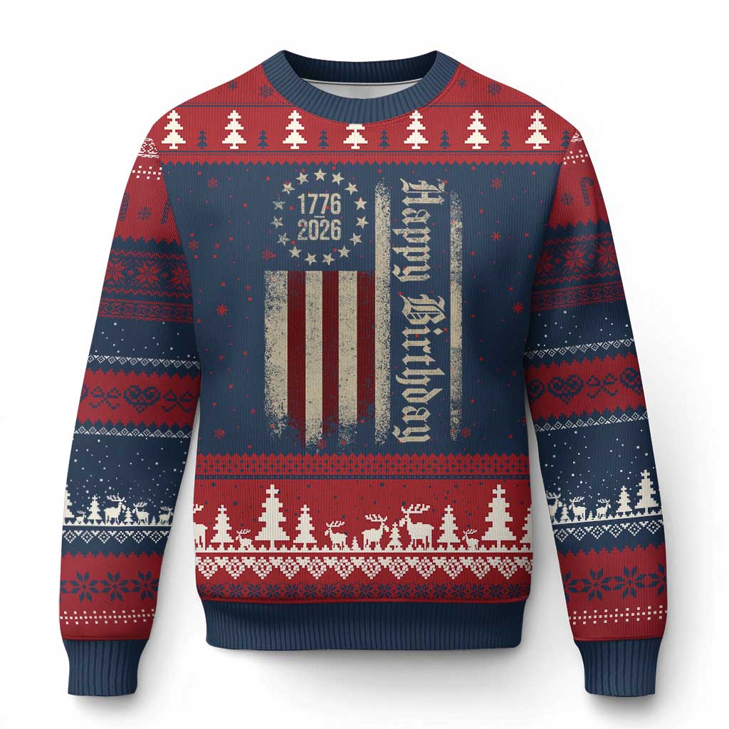 250th Birthday US July 4th 1776 2026 American Flag Ugly Christmas Sweater TS11 Navy Red Print Your Wear