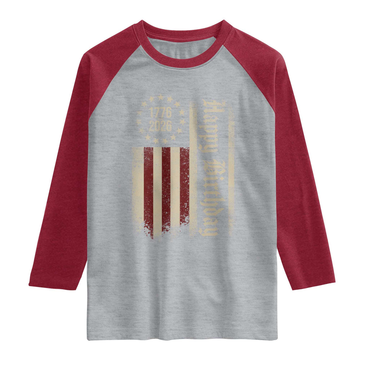 250th Birthday US July 4th 1776 2026 American Flag Raglan Shirt TS11 Heather Gray Heather Red Print Your Wear