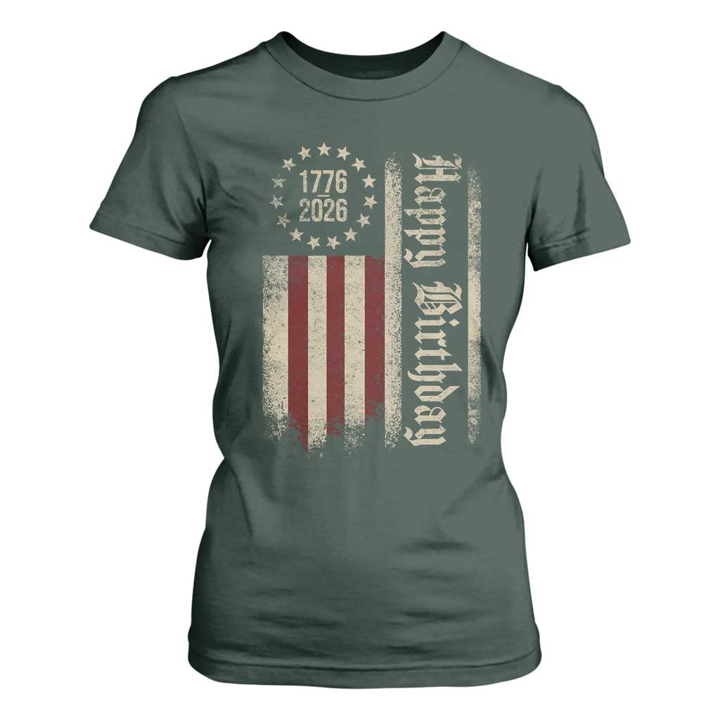 250th Birthday US July 4th 1776 2026 American Flag T Shirt For Women TS11 Dark Forest Green Print Your Wear