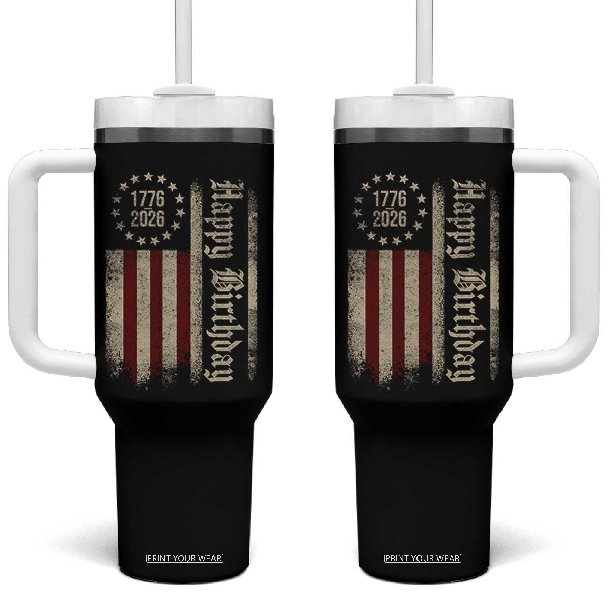 250th Birthday US July 4th 1776 2026 American Flag Tumbler With Handle TS11 One Size: 40 oz Black Print Your Wear