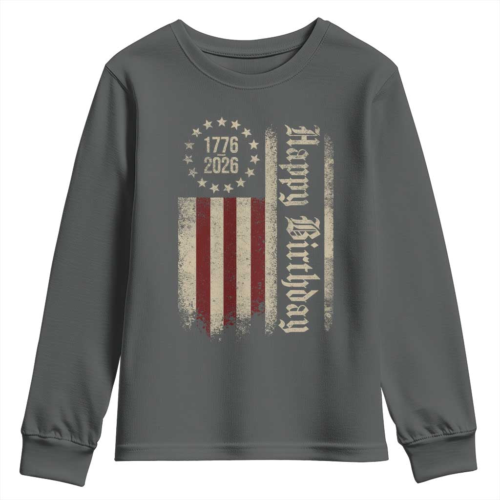 250th Birthday US July 4th 1776 2026 American Flag Youth Sweatshirt TS11 Dark Heather Print Your Wear