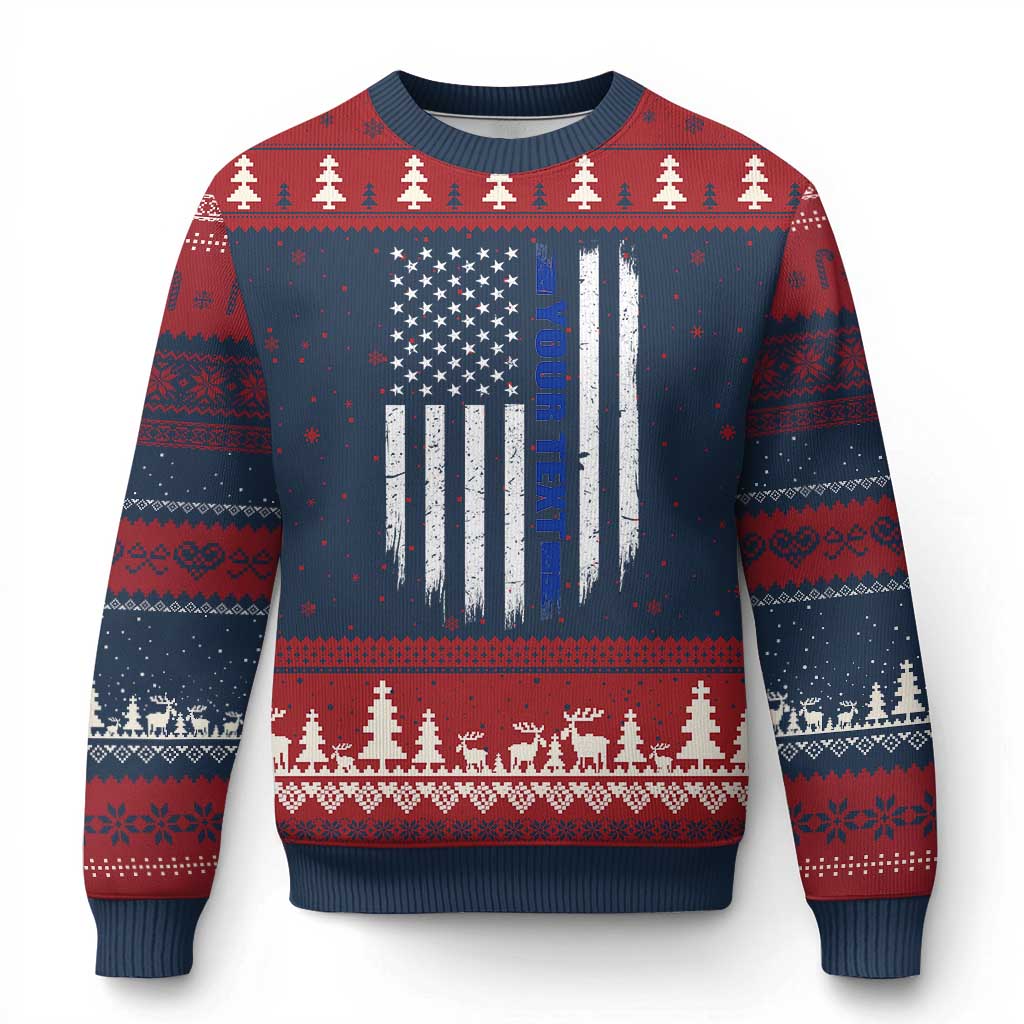 Personalized Police Ugly Christmas Sweater Custom Text Name Vintage American Flag Law Enforcement Gift TS11 Navy Red Print Your Wear