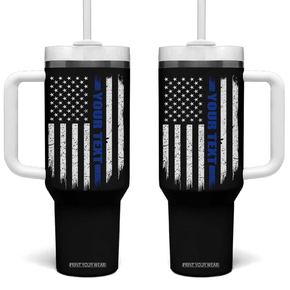 Personalized Police Tumbler With Handle Custom Text Name Vintage American Flag Law Enforcement Gift