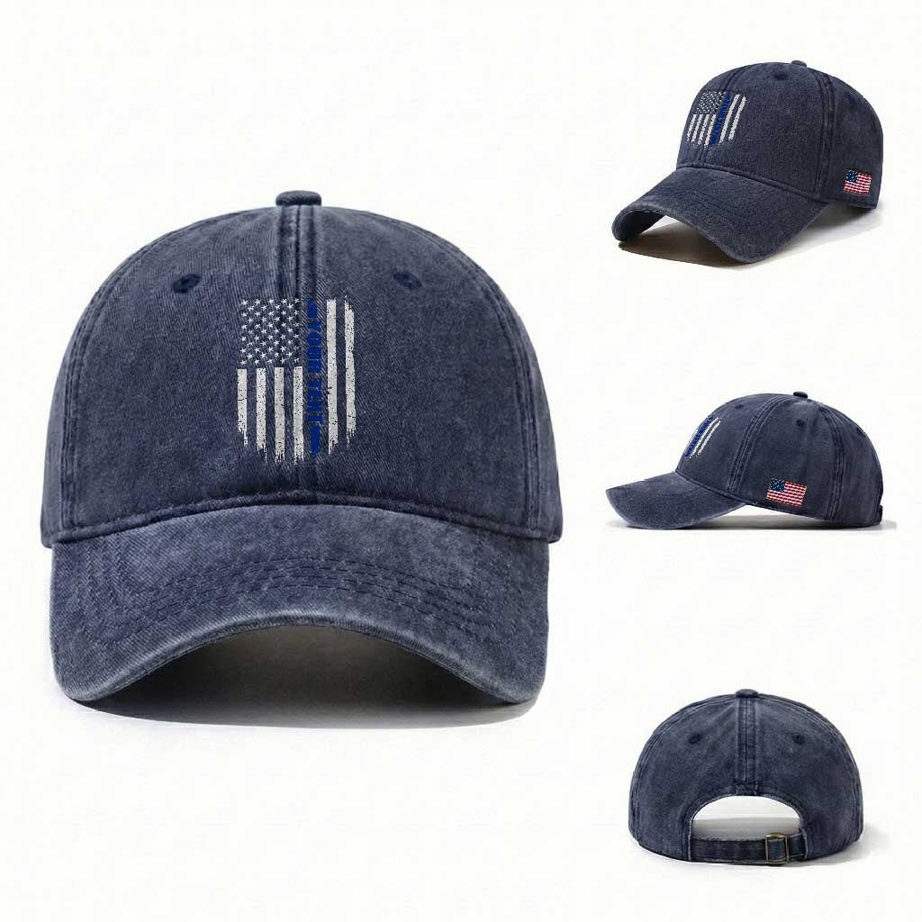Personalized Police Washed Cotton Baseball Cap Custom Text Name Vintage American Flag Law Enforcement Gift