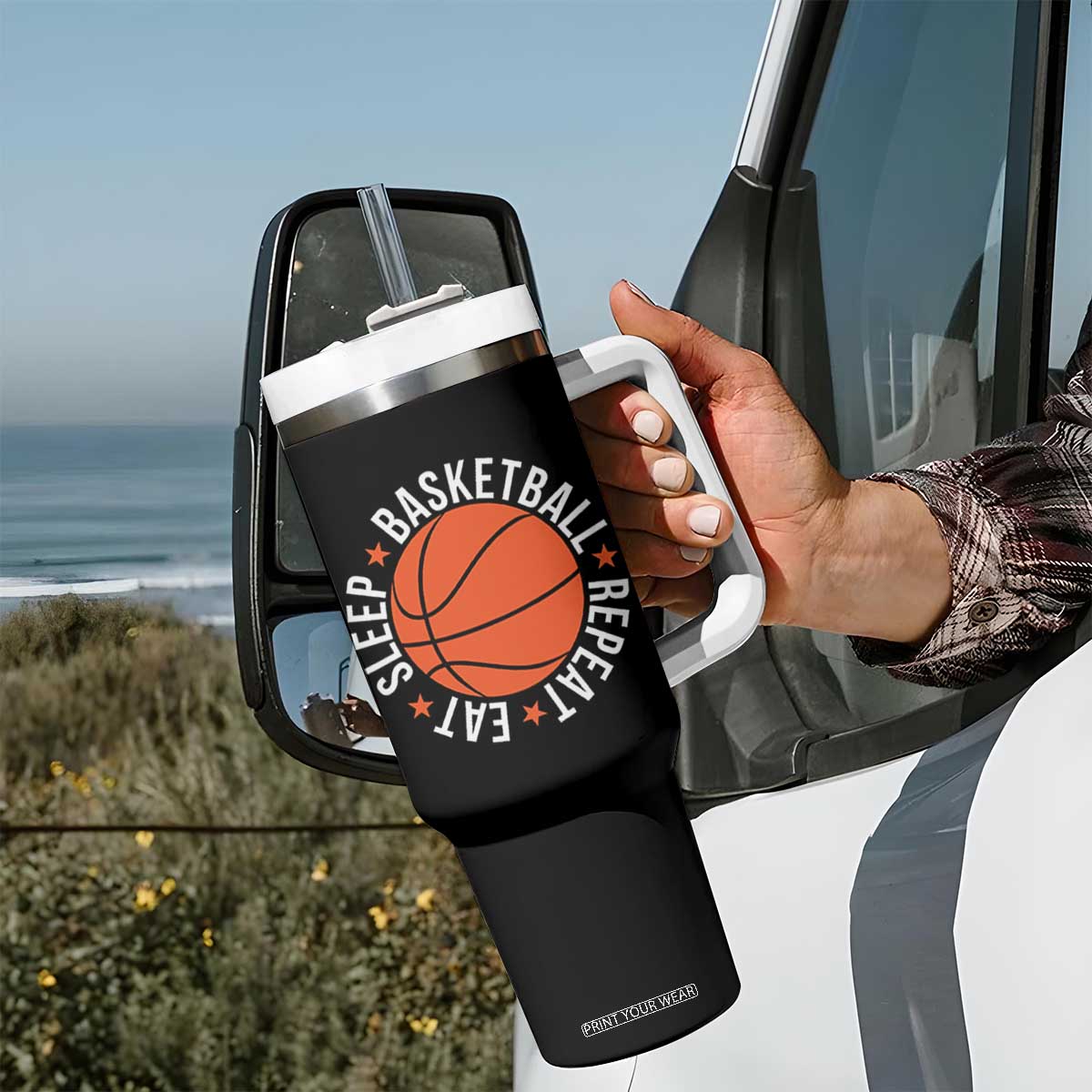 Basketball Lover Tumbler With Handle Eat Sleep Basketball Repeat TS11 Print Your Wear