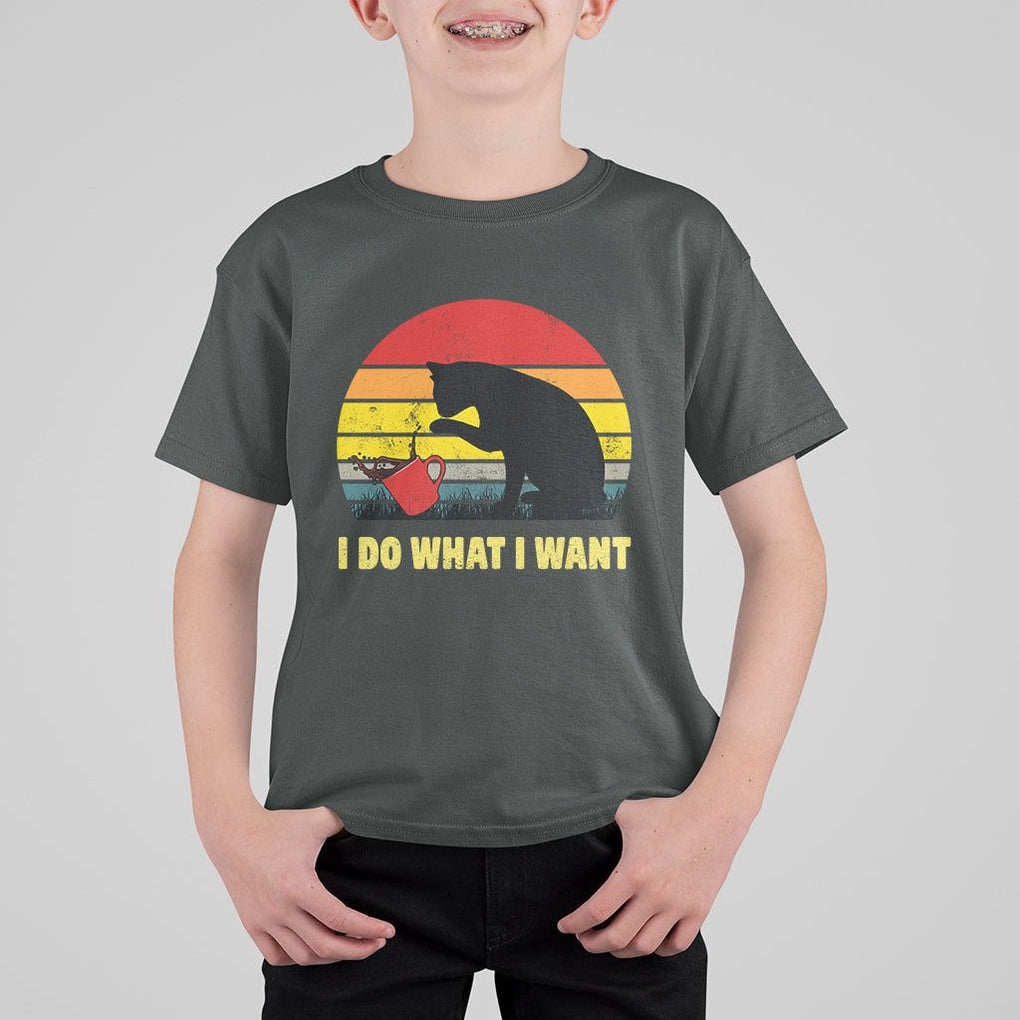 Funny Black Cat T Shirt For Kid I Do What I Want Vintage Coffe Cup TS11 Dark Heather Print Your Wear