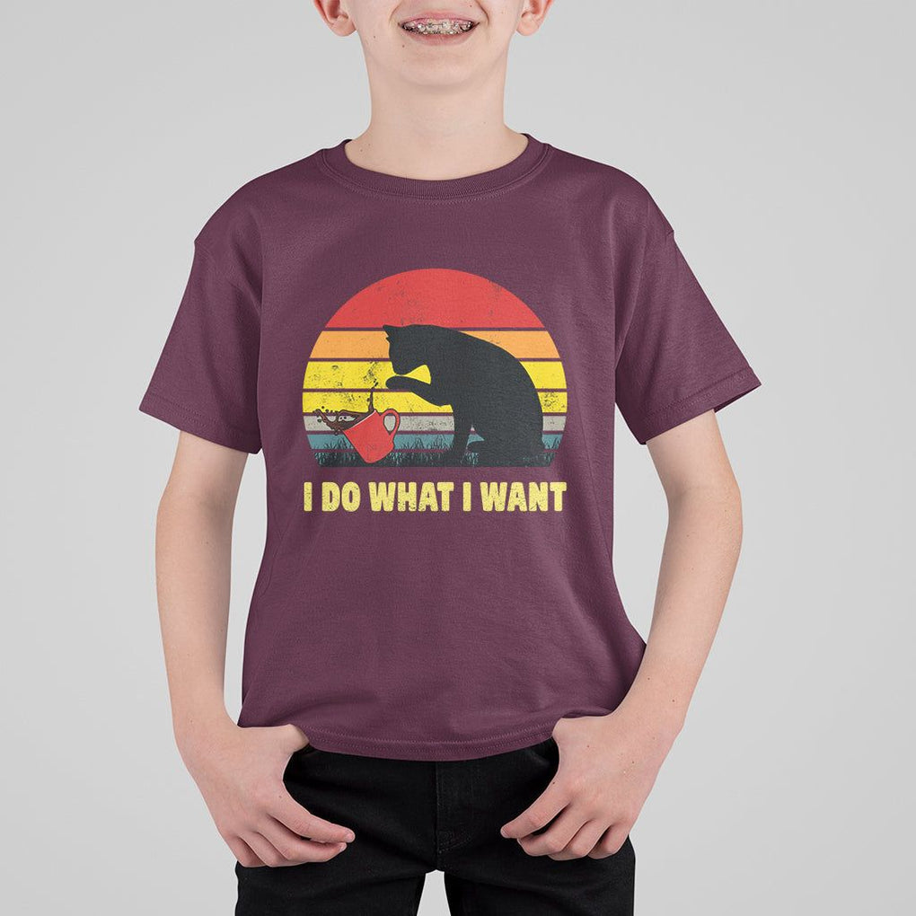 Funny Black Cat T Shirt For Kid I Do What I Want Vintage Coffe Cup TS11 Maroon Print Your Wear