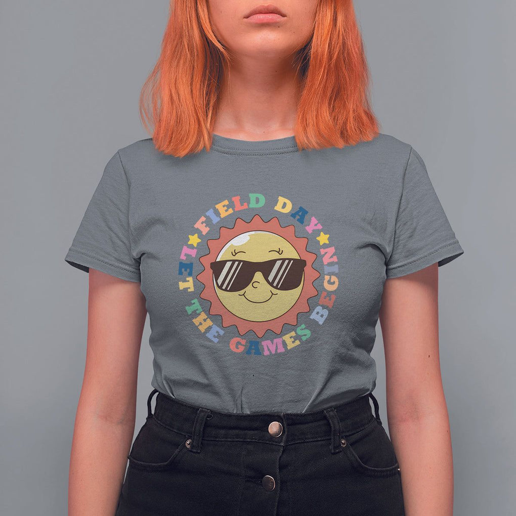 Field Day T Shirt For Women Let The Games Begin Retro Groovy Smile Face Sunshine TS11 Charcoal Print Your Wear