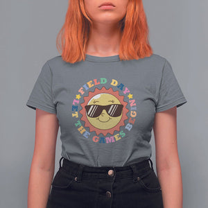 Field Day T Shirt For Women Let The Games Begin Retro Groovy Smile Face Sunshine TS11 Charcoal Print Your Wear