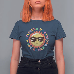 Field Day T Shirt For Women Let The Games Begin Retro Groovy Smile Face Sunshine TS11 Navy Print Your Wear