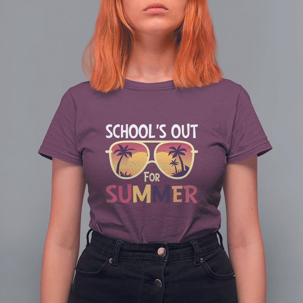 Schools Out For Summer T Shirt For Women End Of School Retro Sunglasses Summer Vacation TS11 Maroon Print Your Wear