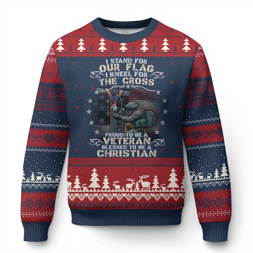 I Stand For Our Flag I Kneel For The Cross Proud Christian Veteran Ugly Christmas Sweater TS11 Navy Red Print Your Wear