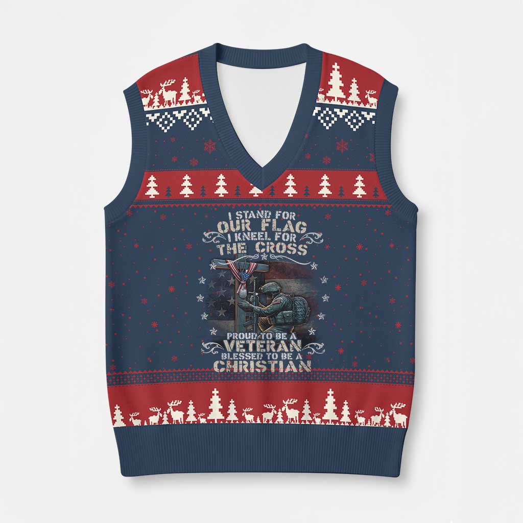 I Stand For Our Flag I Kneel For The Cross Proud Christian Veteran V-Neck Knit Sweater Vest TS11 Navy Red Print Your Wear