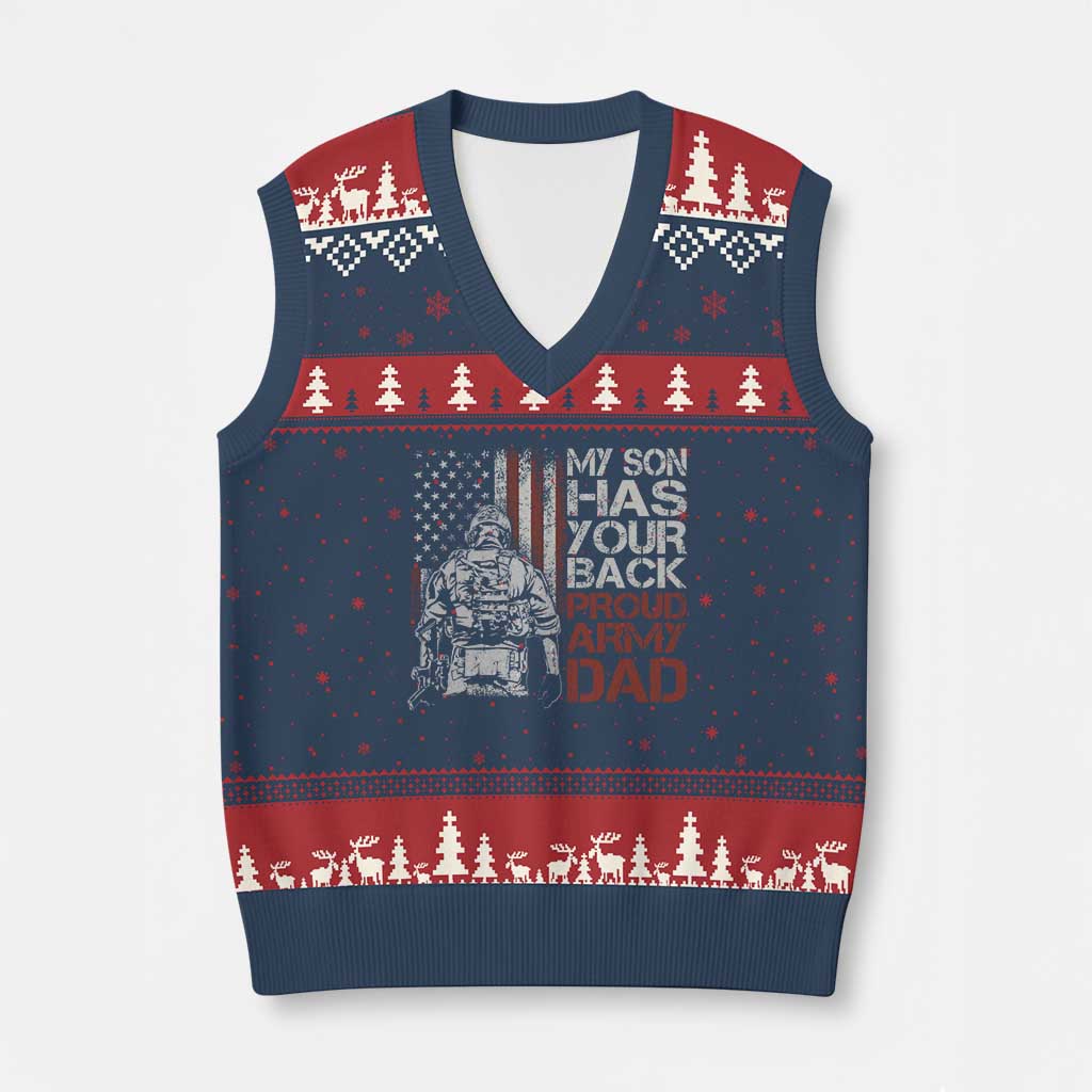 My Son Has Your Back Proud Army Dad V-Neck Knit Sweater Vest Military Father TS11 Navy Red Print Your Wear