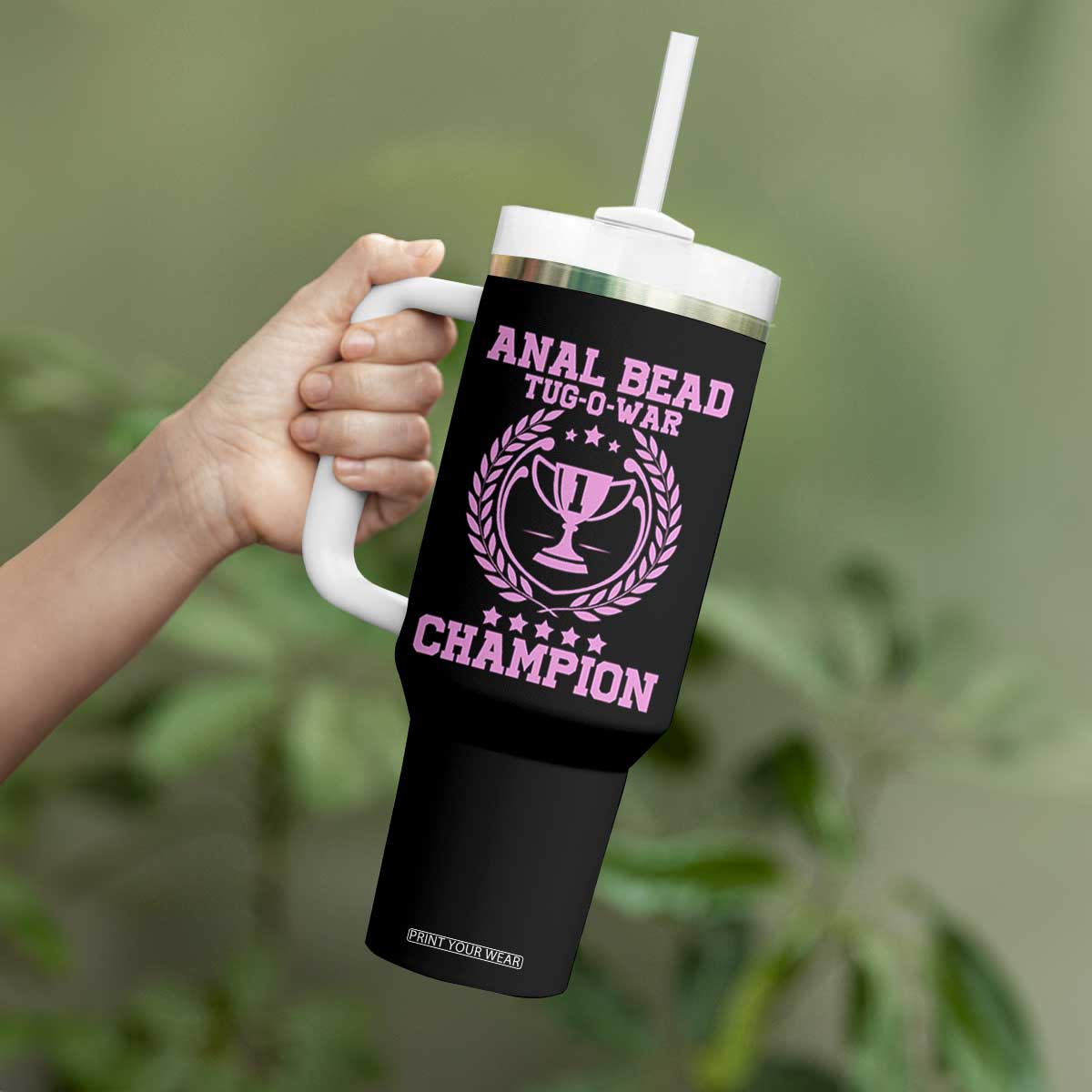 Funny #1 Anal Bead Tug O War Champion Tumbler With Handle Pink Adult Humor Cringe - Print Your Wear