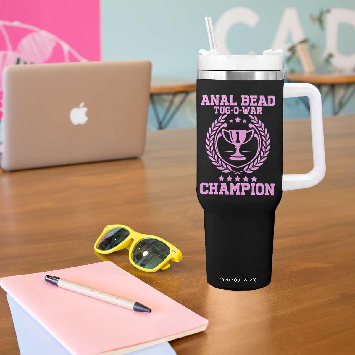 Funny #1 Anal Bead Tug O War Champion Tumbler With Handle Pink Adult Humor Cringe - Print Your Wear