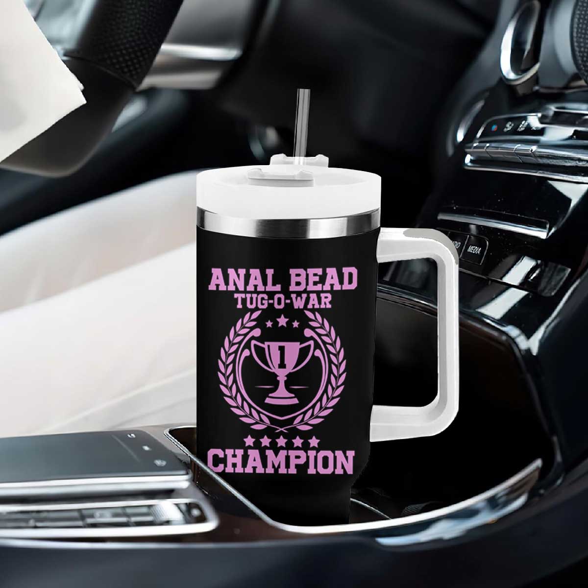 Funny #1 Anal Bead Tug O War Champion Tumbler With Handle Pink Adult Humor Cringe - Print Your Wear