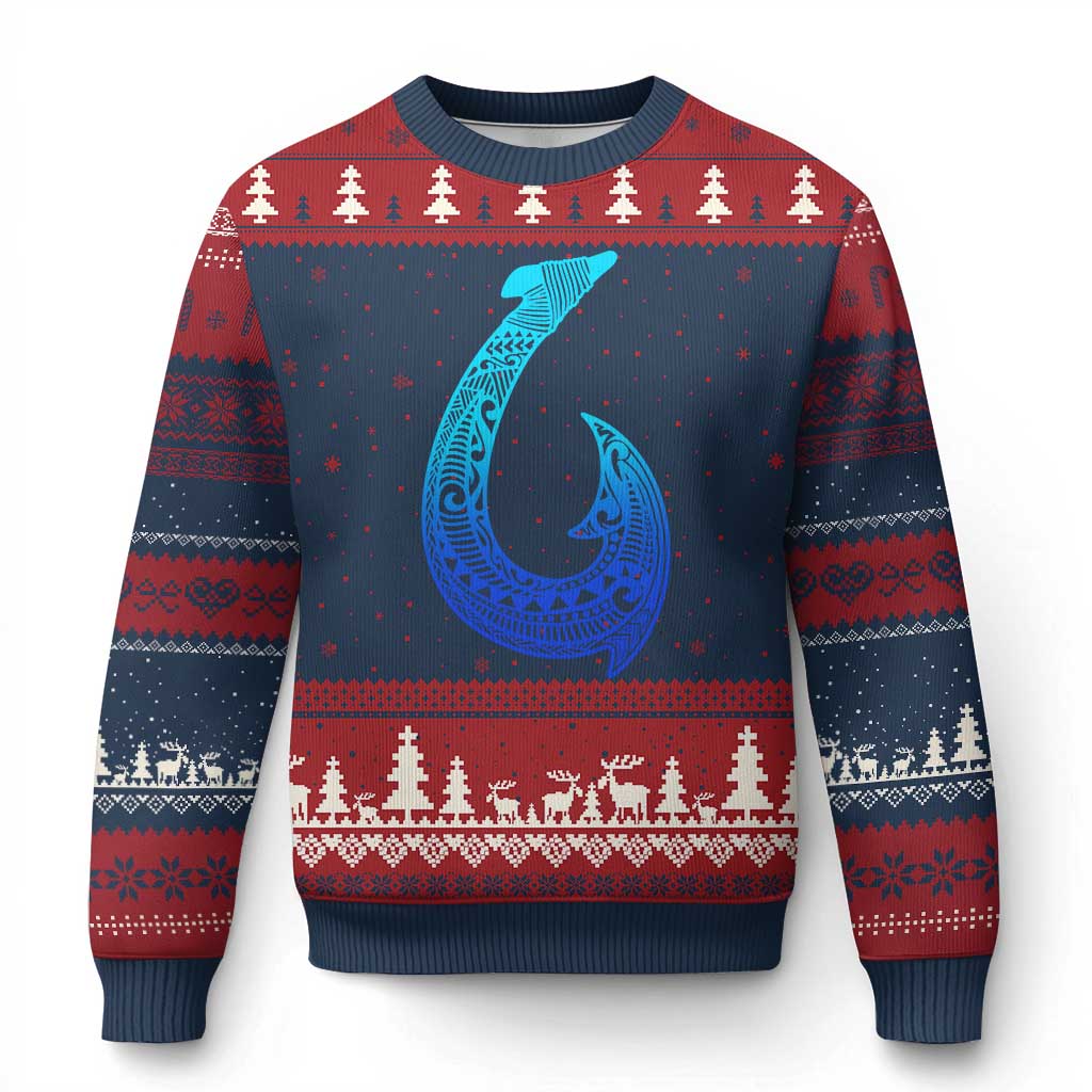 Tribal Makau Hawaiian Fish Hook Pacific Islander Hawaiian Ugly Christmas Sweater TS11 Navy Red Print Your Wear