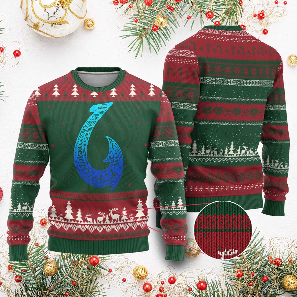 Tribal Makau Hawaiian Fish Hook Pacific Islander Hawaiian Ugly Christmas Sweater TS11 Red Green Print Your Wear