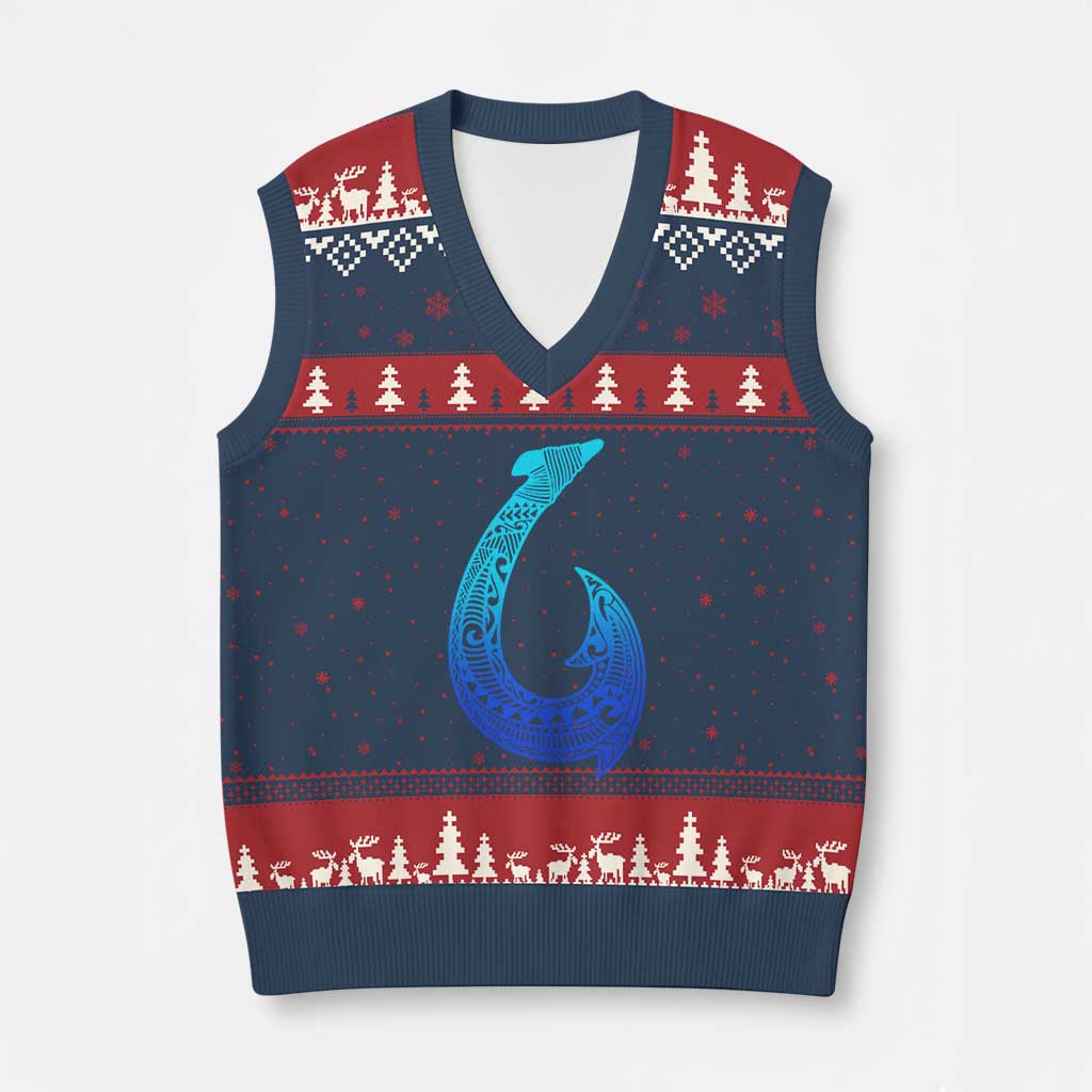Tribal Makau Hawaiian Fish Hook Pacific Islander Hawaiian V-Neck Knit Sweater Vest TS11 Navy Red Print Your Wear