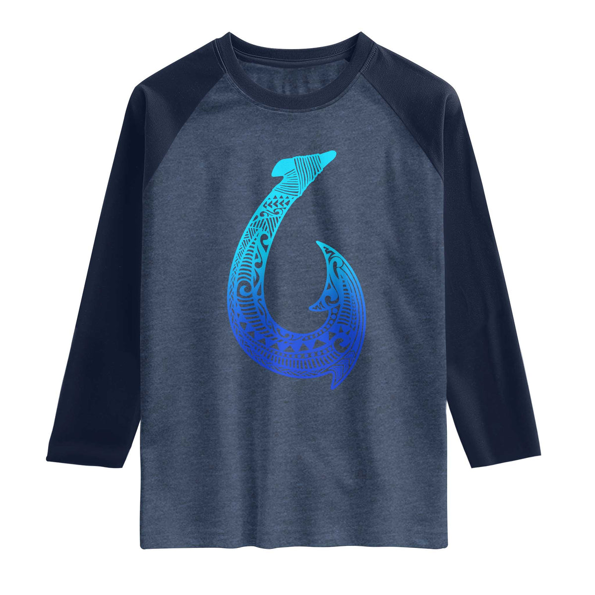 Tribal Makau Hawaiian Fish Hook Pacific Islander Hawaiian Raglan Shirt TS11 Heather Denim Navy Print Your Wear