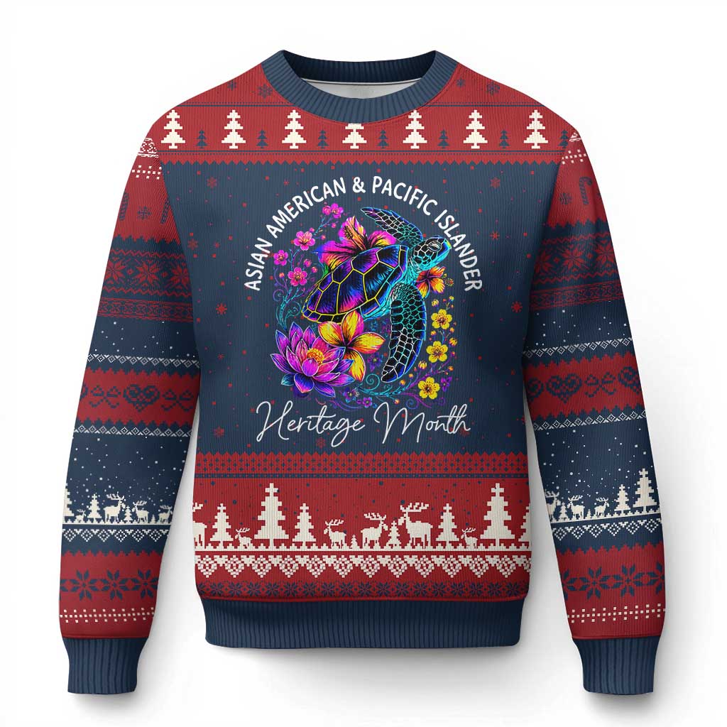 AAPI Asian American and Pacific Islander Heritage Month Ugly Christmas Sweater Floral Sea Turtle TS11 Navy Red Print Your Wear