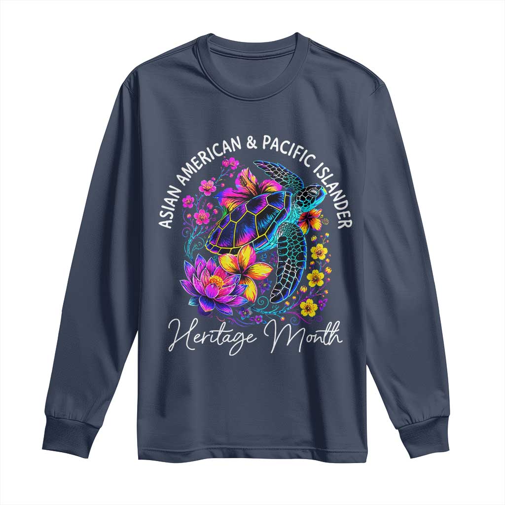 AAPI Asian American and Pacific Islander Heritage Month Long Sleeve Shirt Floral Sea Turtle TS11 Navy Print Your Wear